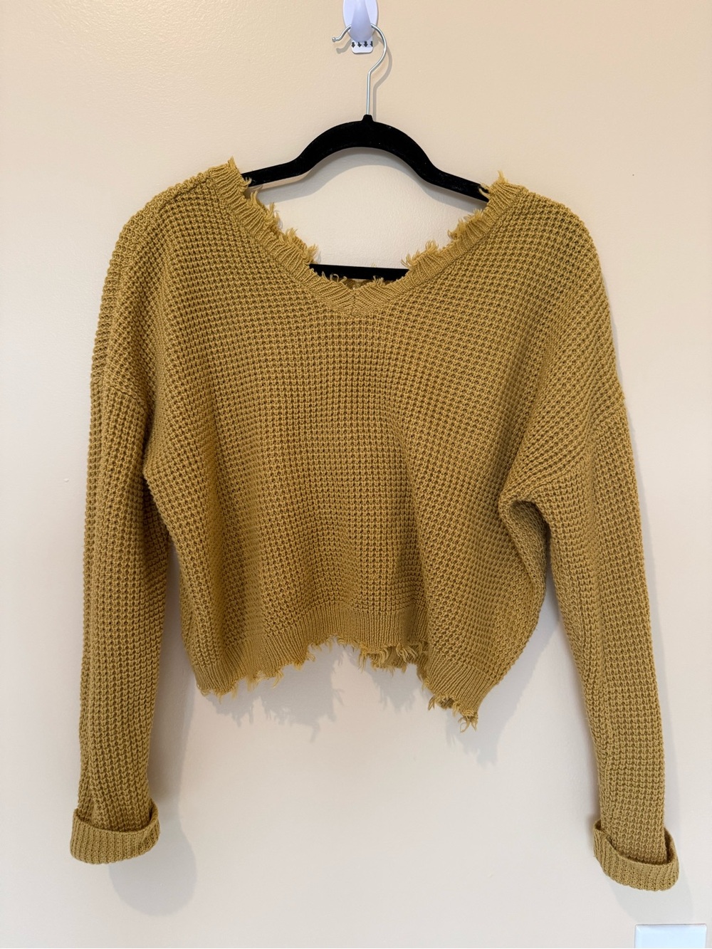moon & madison Frayed V-Neck Waffle Knit Sweater in Mustard